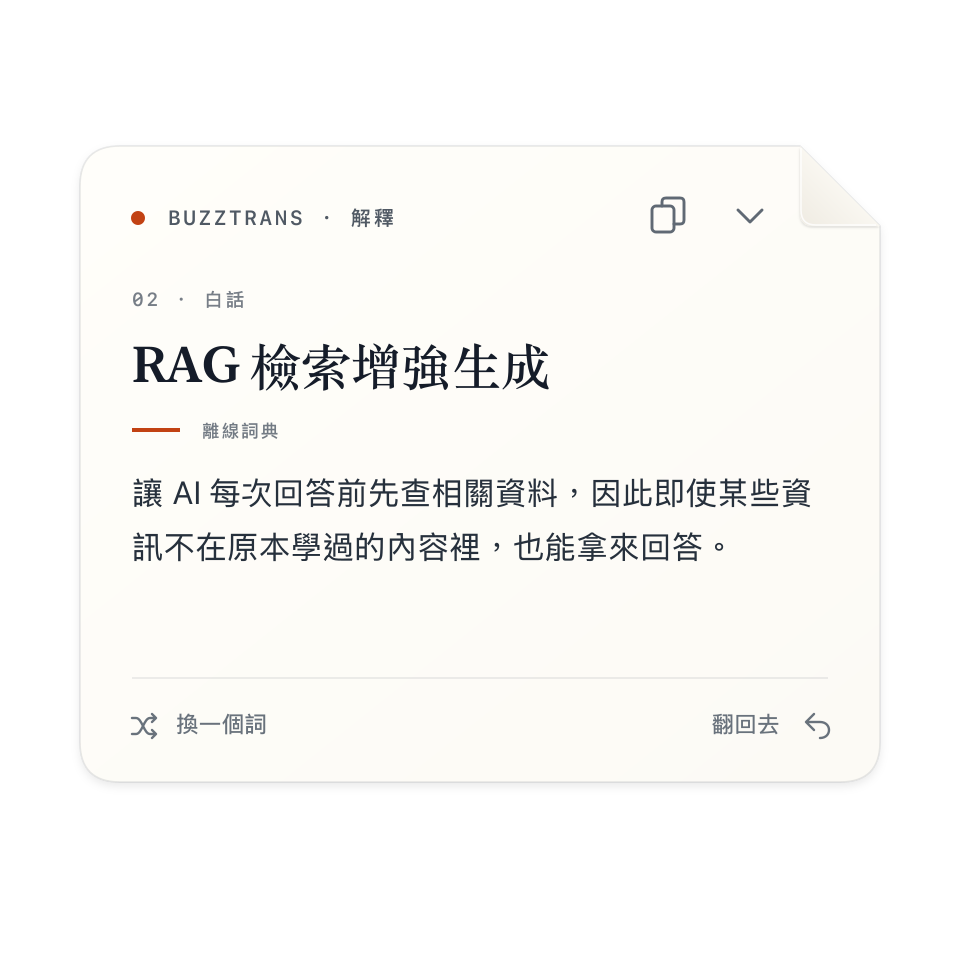 依照 App 設計與內建詞條繪製的 BuzzTrans RAG 解釋卡片。